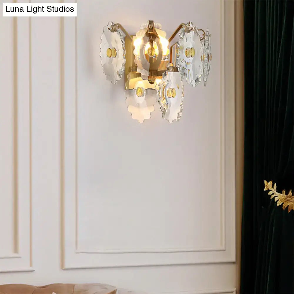 Elegant postmodern green gold gem crystal wall sconce with intricate frosted glass petals and gold-toned finish