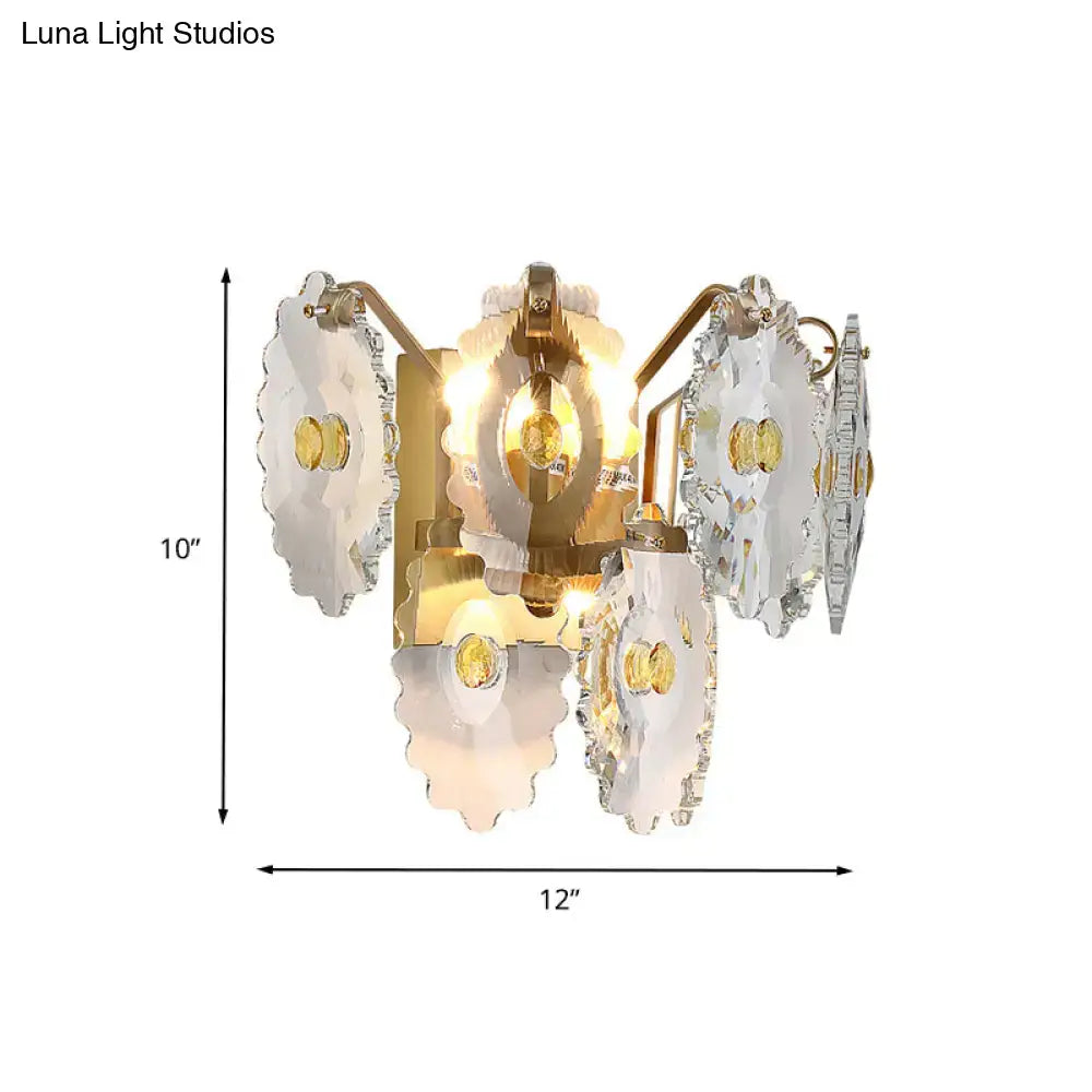 Postmodern green gold gem crystal wall sconce with gold-toned metal, clear scalloped shades, and amber glass accents