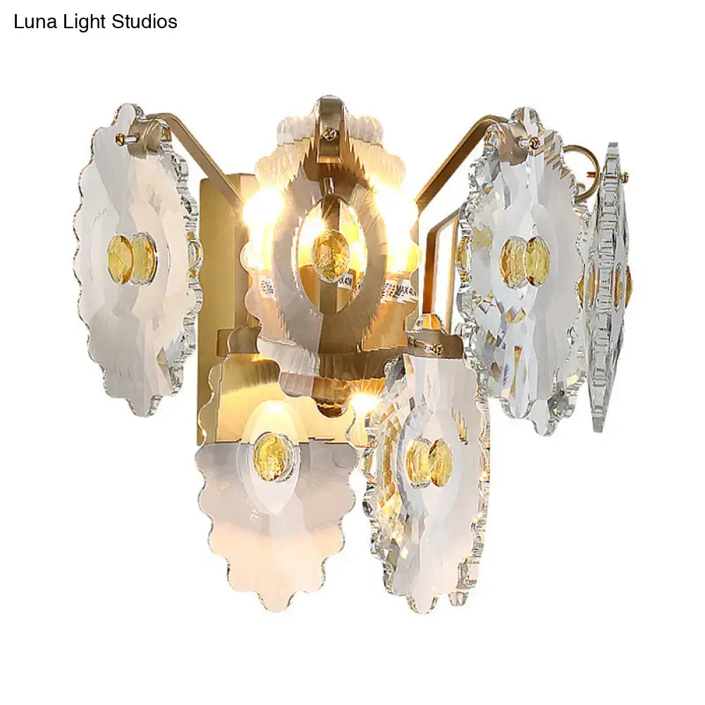 Postmodern green gold gem wall sconce with faceted crystal discs and amber accents for bedroom lighting