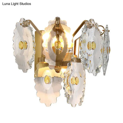Postmodern green gold gem wall sconce with faceted crystal discs and amber accents for bedroom lighting