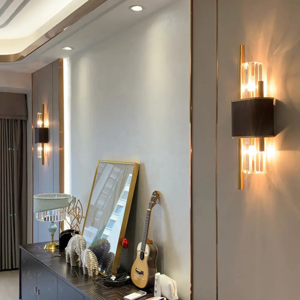 DecorBites™ DecorBites™ Postmodern K9 Crystal Wall Light Fixture - 2-Head Black-Brass Sconce for Living Room