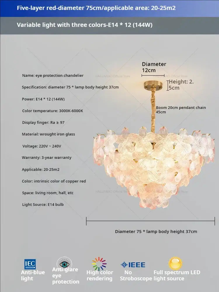 Delicate five-layered pendant light with heart-shaped pink glass flower princess design and copper-red frame for bedroom