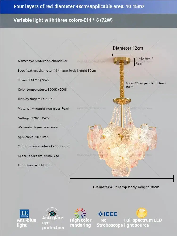 Delicate pink glass flower princess pendant light with golden wrought iron frame for flower princess room decor