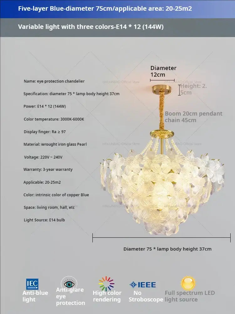 A five-layer pendant light with copper blue translucent glass flower princess petals and brass-finished chain for flower princess room