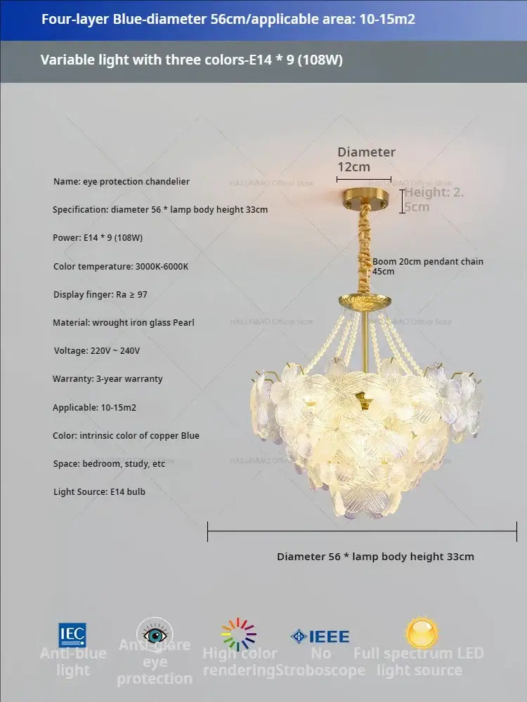 Delicate golden-toned glass flower princess pendant light with glass pearl-like petals 56cm diameter for flower princess room