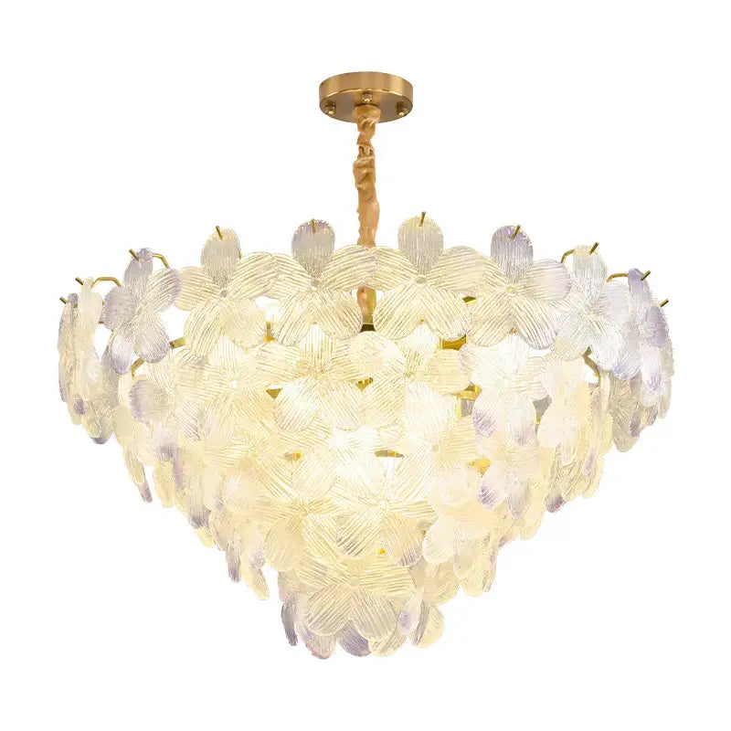 Postmodern lavender and white glass flower princess pendant light with translucent petals suspended by gold chain for bedroom