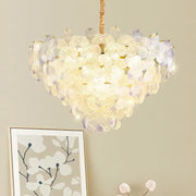 Postmodern pendant light featuring a heart-shaped glass flower princess design in lavender and white for bedroom use