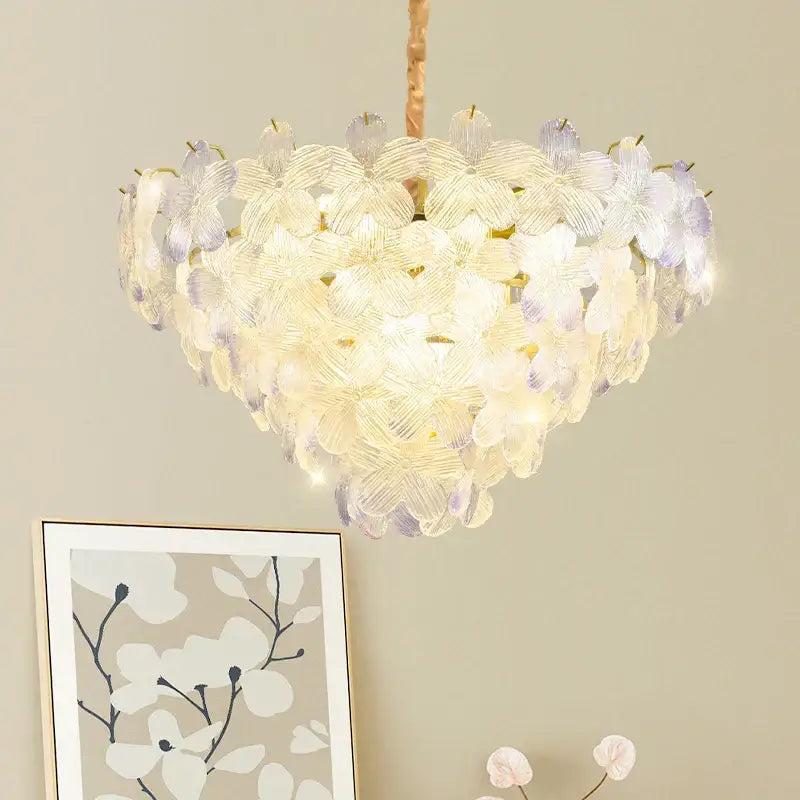 Postmodern pendant light featuring a heart-shaped glass flower princess design in lavender and white for bedroom use