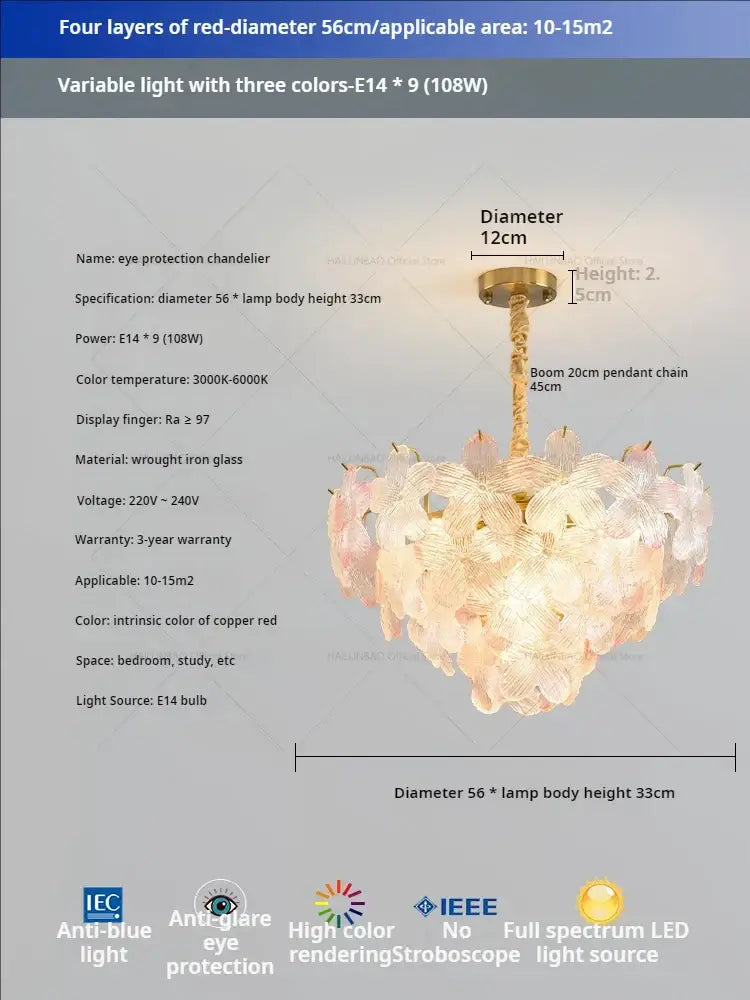 Postmodern pendant light with delicate translucent pink and white glass flower princess design and gold-toned frame