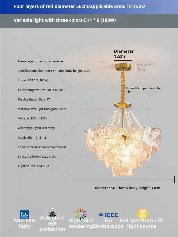 Delicate gold-toned pendant light with pink and white glass flower princess petals for flower princess room
