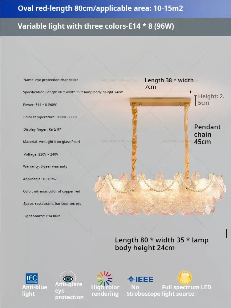 Oval red pendant light with intricate copper-red glass pearl design and wrought iron frame for flower princess room