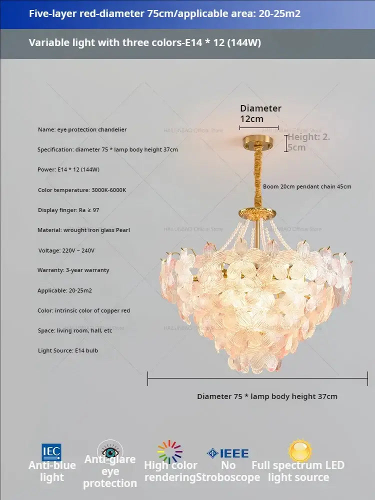 Delicate five-layer pendant light with peach glass pearl elements on gold frame for flower princess room decor
