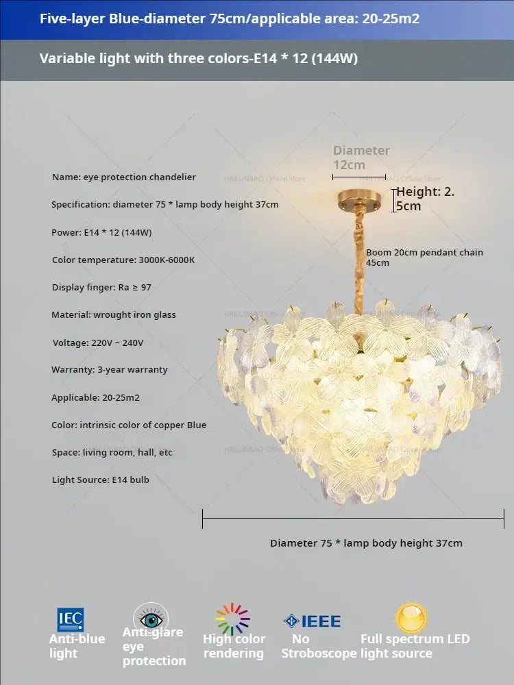 A five-layer heart-shaped pendant light with copper-blue glass flower petals and brass frame for flower princess room