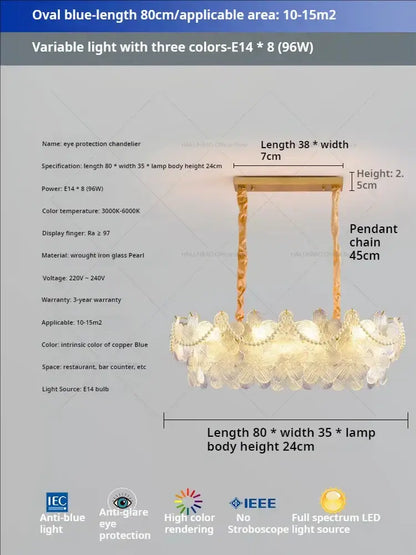 Oval blue 80cm pendant light with copper-blue glass pearl design and wrought iron frame for flower princess room