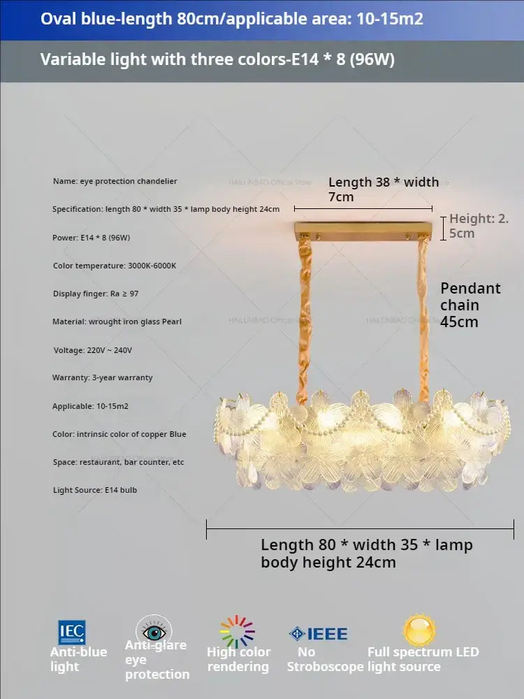 Oval blue 80cm pendant light with copper-blue glass pearl design and wrought iron frame for flower princess room