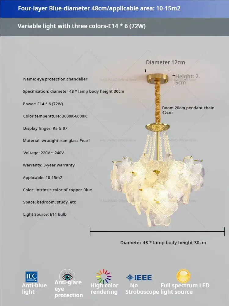 A four-layer golden wrought iron pendant light with copper blue glass flower princess petals for flower princess room