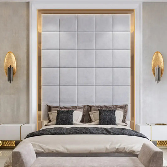 The bed with a tufted light gray upholstered headboard is paired with matching nightstands and a postmodern led oblong wall lamp feature for bedroom 110v-120v