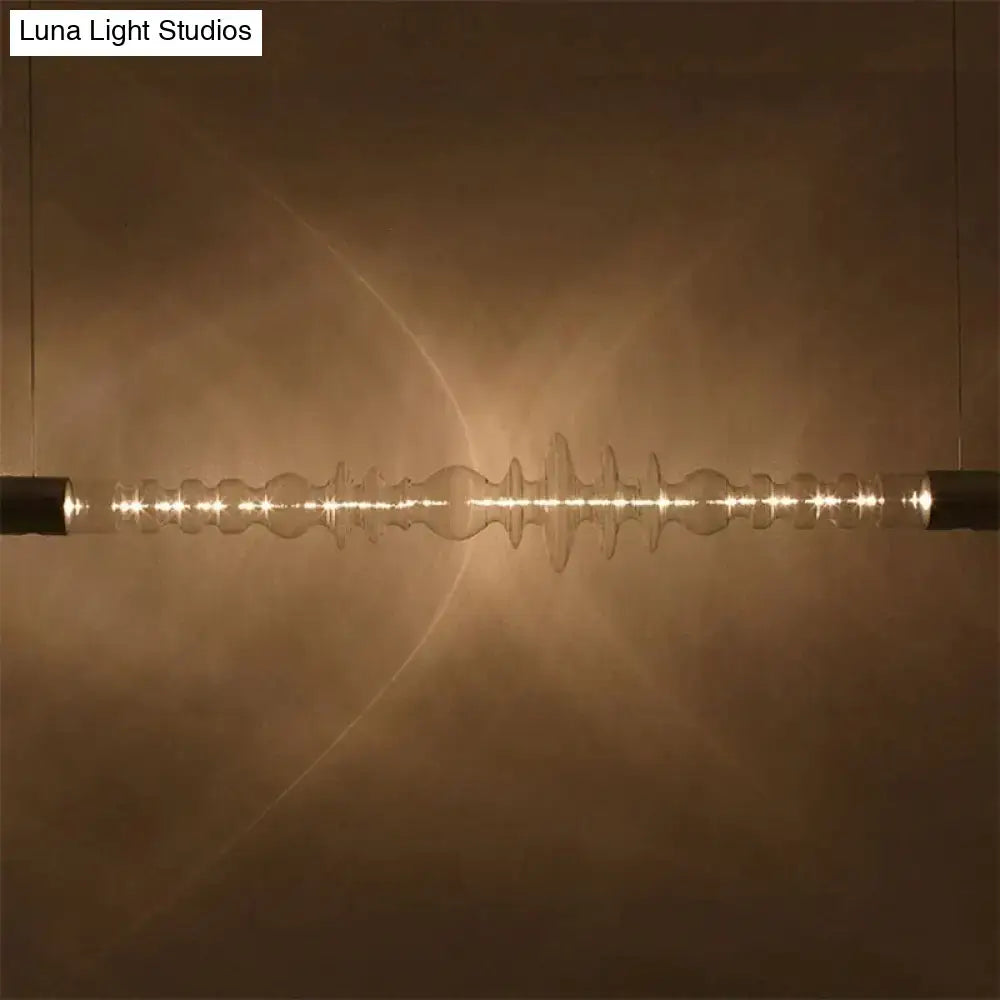 A sleek postmodern lights luxury restaurant led spiral glass chandelier with amber led and audio waveform design