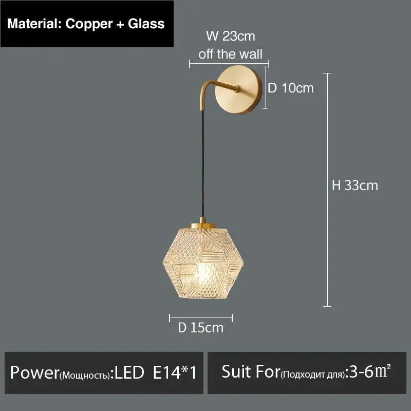 Postmodern luxury led hexagonal glass wall lamp with copper frame and etched pattern for bedroom lighting