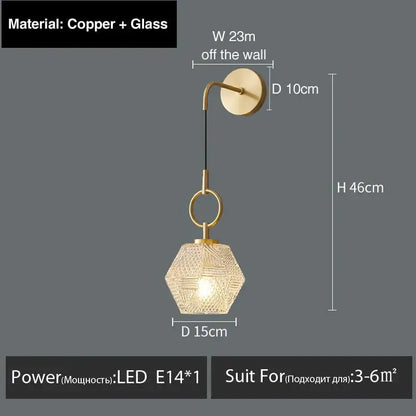 Postmodern luxury led hexagonal glass pendant light with copper frame and etched patterns on brass wall mount
