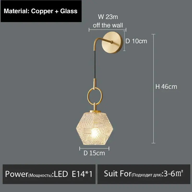 Postmodern luxury led hexagonal glass pendant light with copper frame and etched patterns on brass wall mount