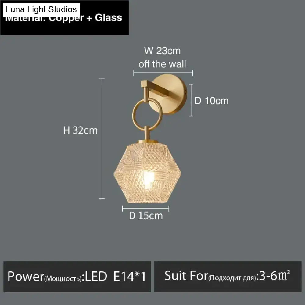 A hexagonal postmodern luxury led wall lamp with gold crystal glass and copper frame by Luna Light Studios