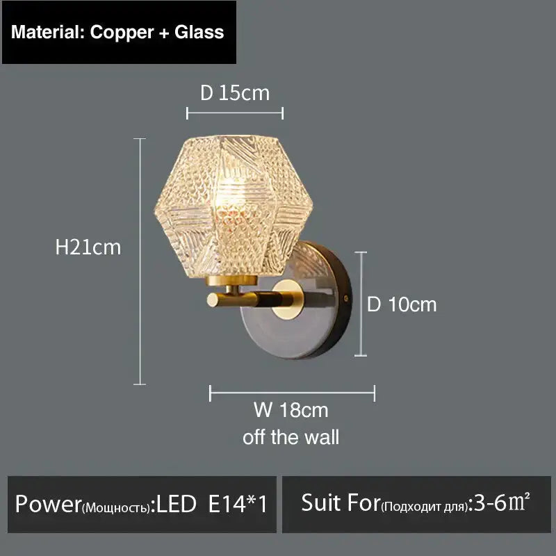 Postmodern luxury led wall lamp with hexagonal glass shade copper frame and brass accents for bedroom lighting