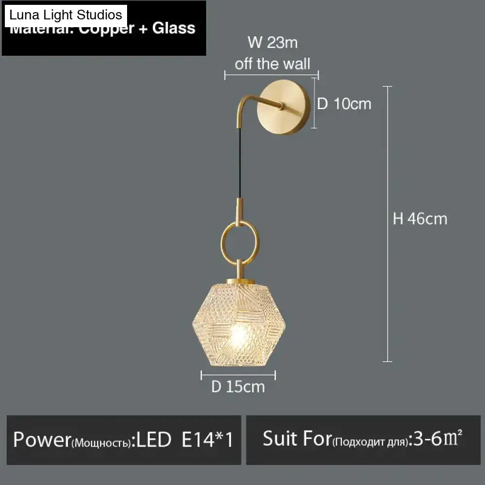 A postmodern luxury led wall lamp with a brass-finished hexagonal copper and glass shade featuring a woven pattern