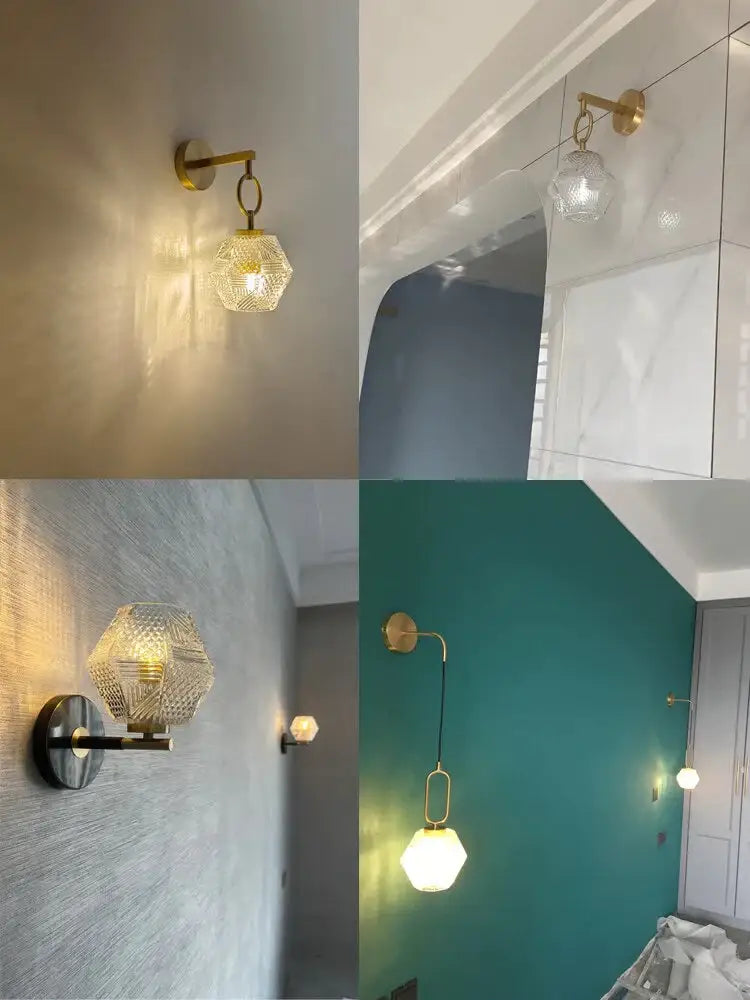 Gold-finished postmodern luxury led wall sconce with faceted geometric crystal shade for bedroom lighting