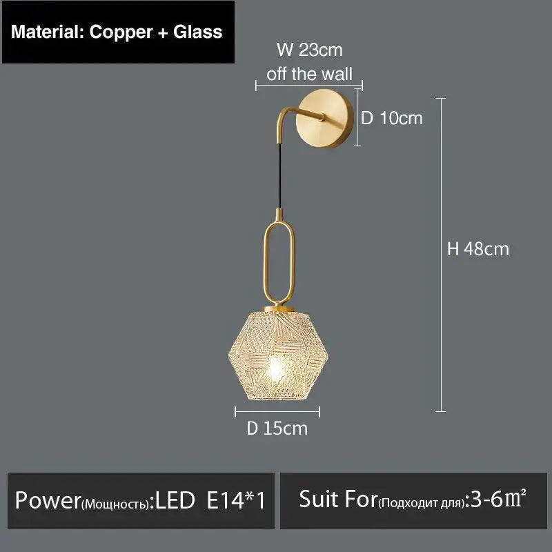 A modern hexagonal postmodern luxury led wall lamp with copper glass and intricate woven design for bedroom use