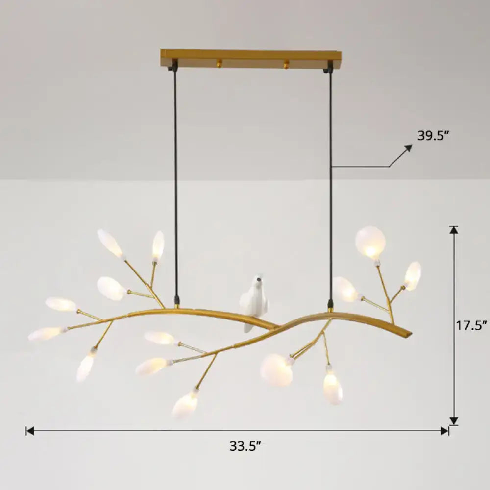 Gold-toned branch-style postmodern metal island light with frosted glass bulbs and white ceramic bird hanging lamp for restaurants