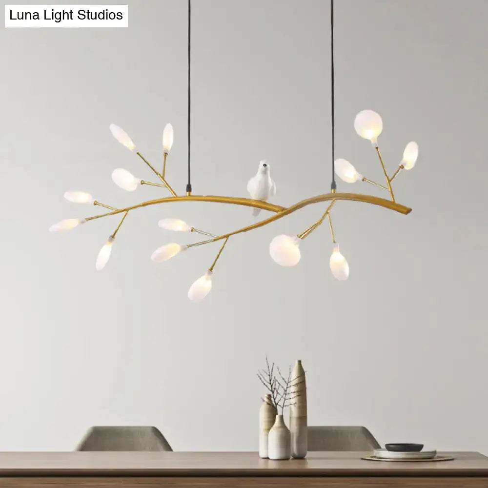 Gold-toned postmodern metal island light with frosted glass bulbs and white ceramic bird hanging lamp for restaurants