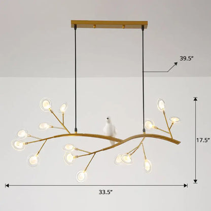 Decorbites postmodern metal island light with gold-toned branch design, frosted glass globes, and white ceramic bird figurine hanging lamp