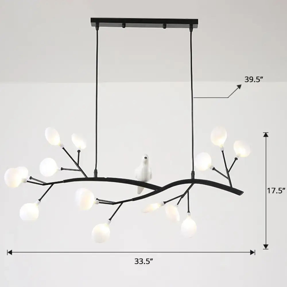 Decorbites™ postmodern metal island light features black metal branch-style hanging lamp with frosted glass globes and white bird