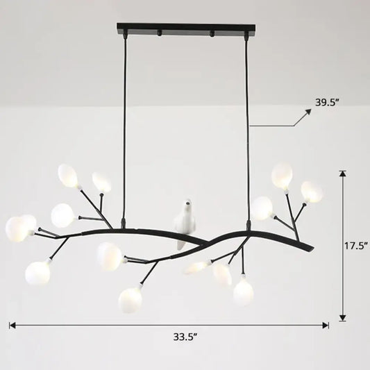 Decorbites™ postmodern metal island light features black metal branch-style hanging lamp with frosted glass globes and white bird