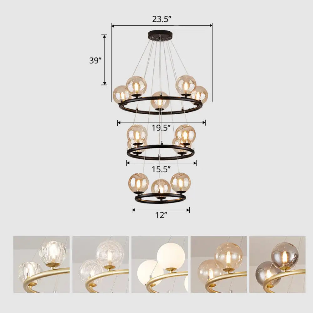 Postmodern Metal Chandelier with Ball Glass Shade