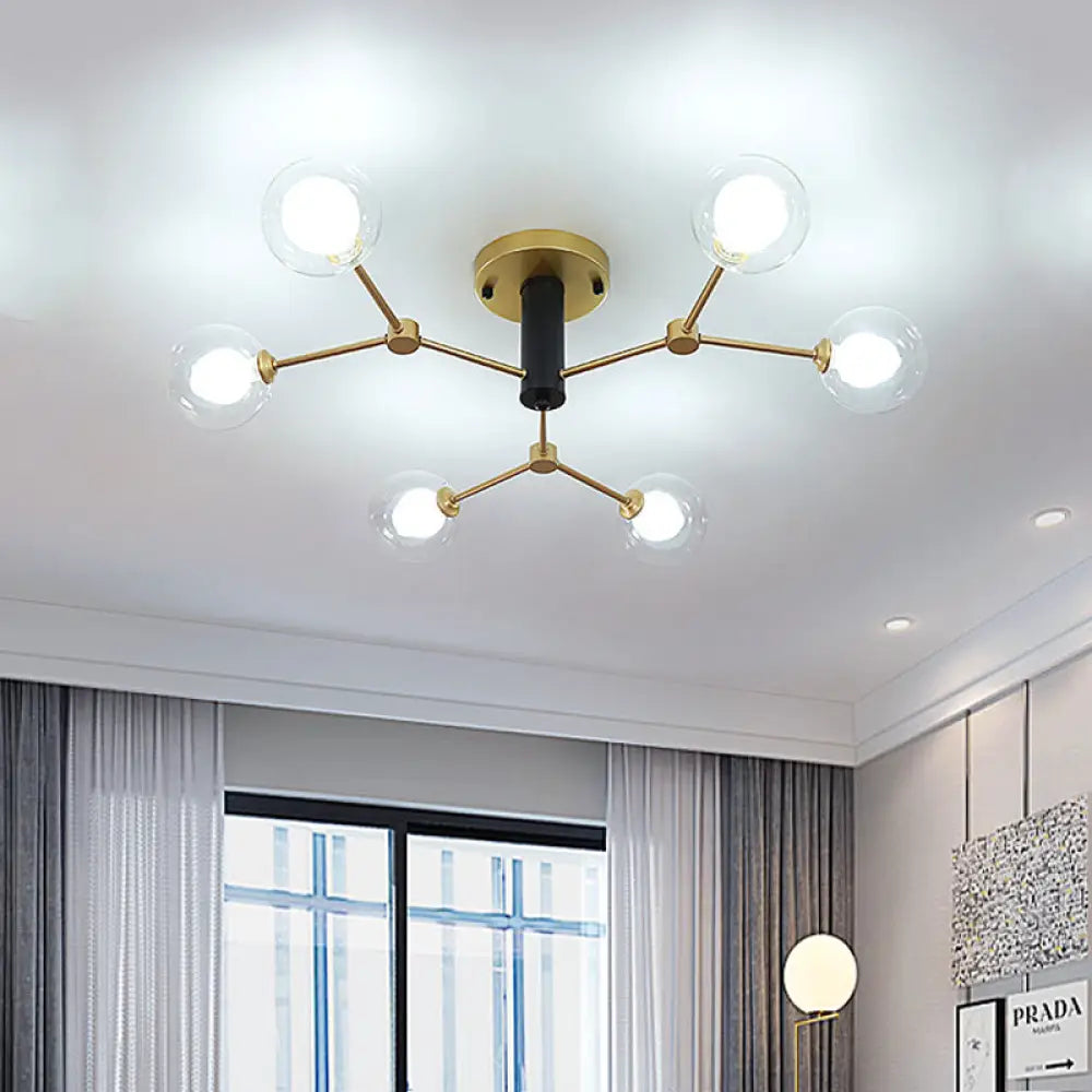 Postmodern Molecule Ceiling Light - Clear & White Glass, 6-Head Semi Flush Mount in Gold for Bedroom Lighting