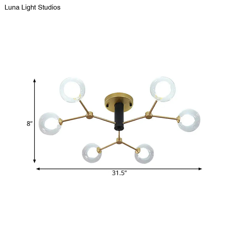 Postmodern Molecule Ceiling Light - Clear & White Glass, 6-Head Semi Flush Mount in Gold for Bedroom Lighting