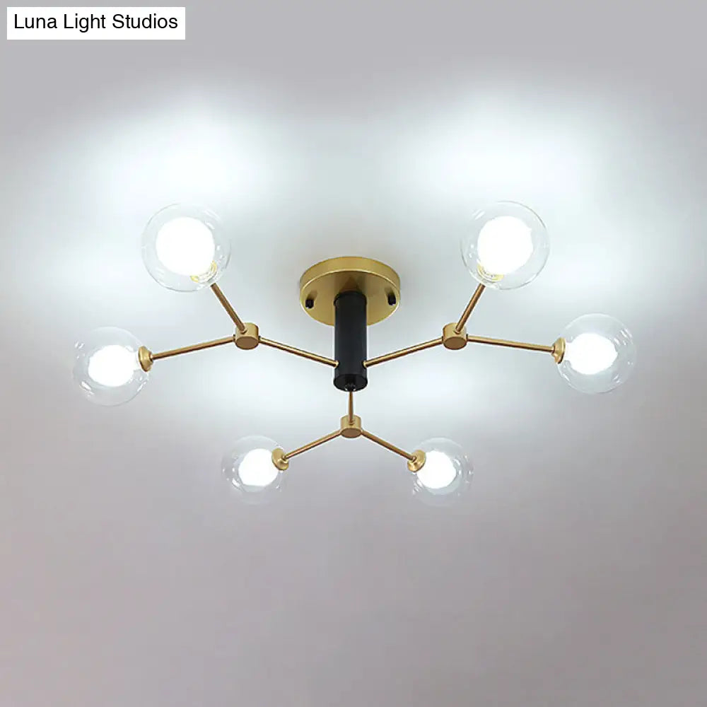 Postmodern Molecule Ceiling Light - Clear & White Glass, 6-Head Semi Flush Mount in Gold for Bedroom Lighting