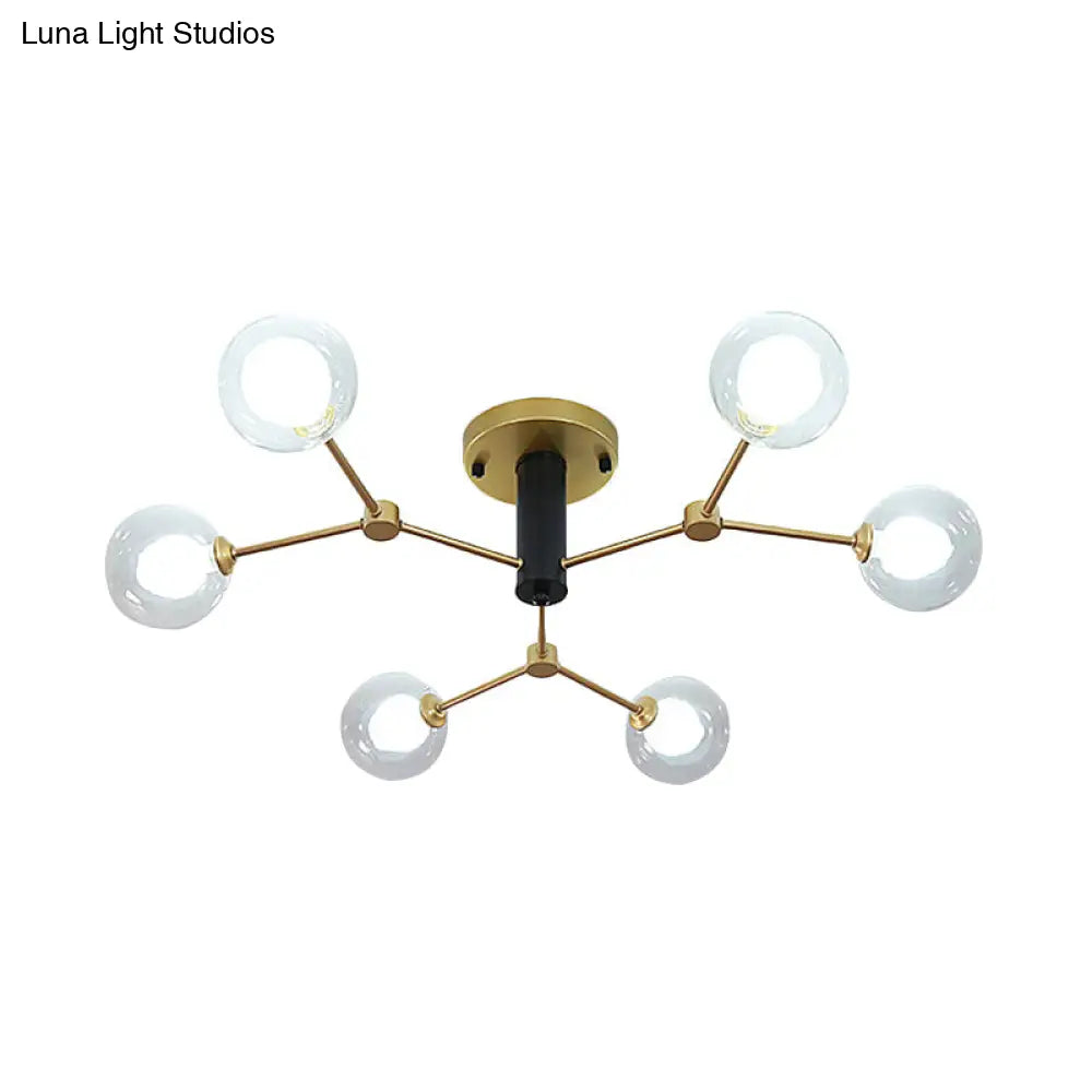 Postmodern Molecule Ceiling Light - Clear & White Glass, 6-Head Semi Flush Mount in Gold for Bedroom Lighting