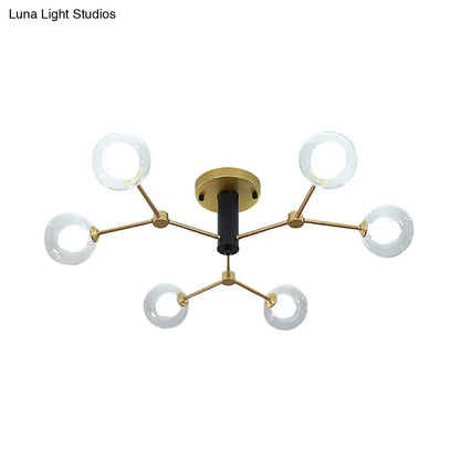 Postmodern Molecule Ceiling Light - Clear & White Glass, 6-Head Semi Flush Mount in Gold for Bedroom Lighting