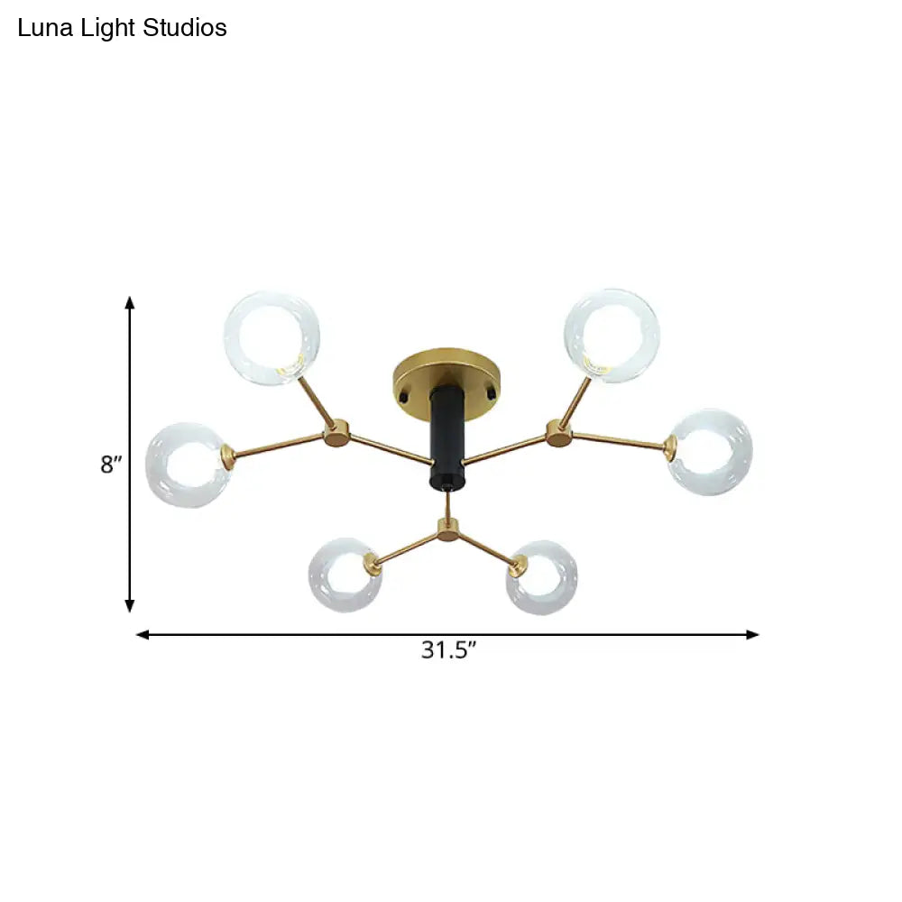 Postmodern Molecule Ceiling Light - Clear & White Glass, 6-Head Semi Flush Mount in Gold for Bedroom Lighting