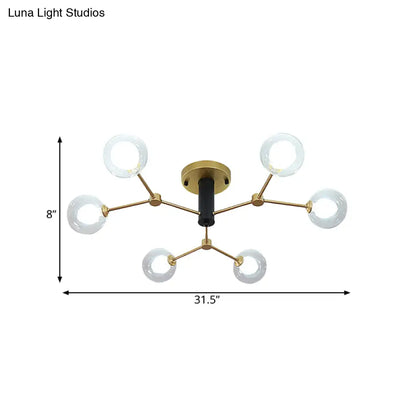 Postmodern Molecule Ceiling Light - Clear & White Glass, 6-Head Semi Flush Mount in Gold for Bedroom Lighting