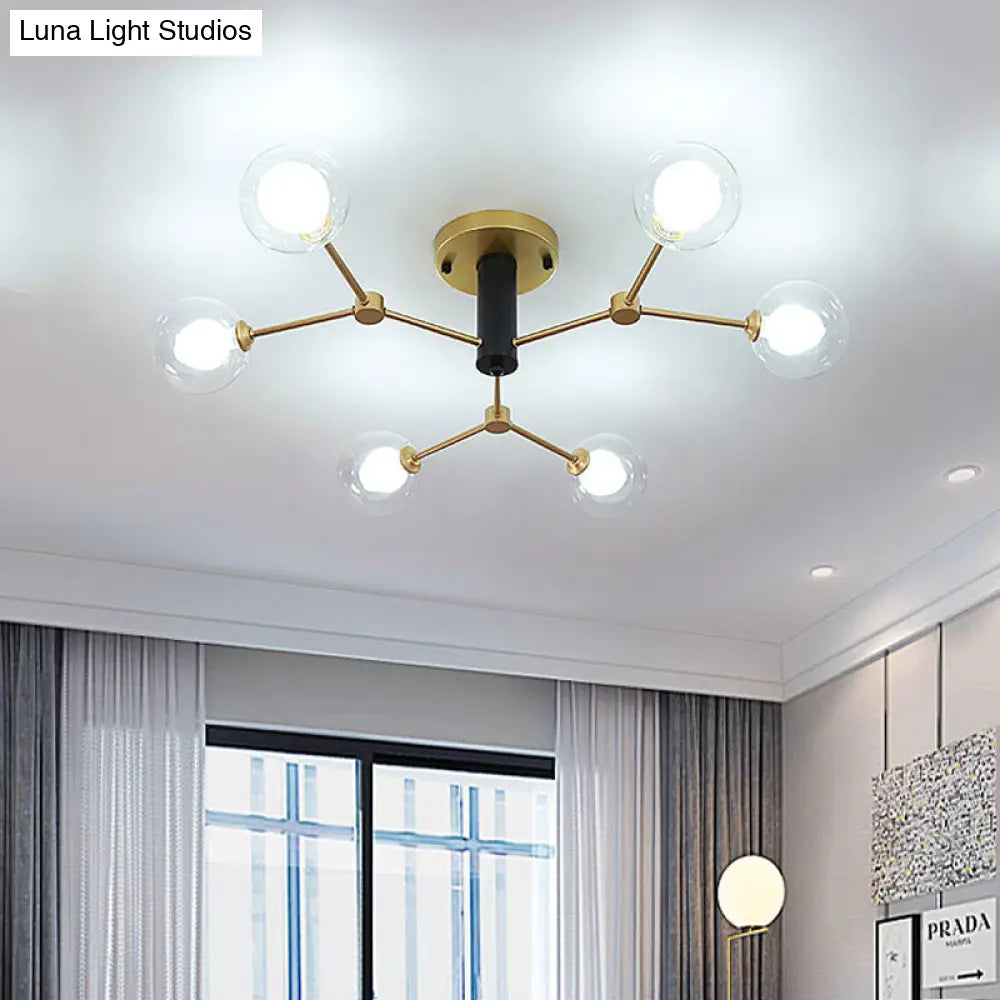 Postmodern Molecule Ceiling Light - Clear & White Glass, 6-Head Semi Flush Mount in Gold for Bedroom Lighting