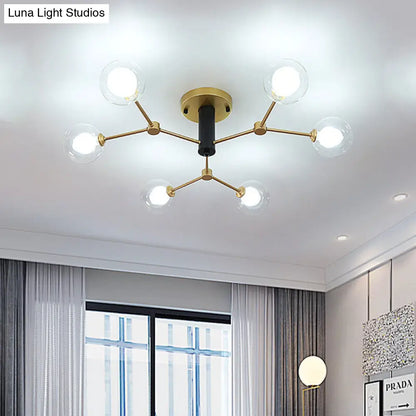 Postmodern Molecule Ceiling Light - Clear & White Glass, 6-Head Semi Flush Mount in Gold for Bedroom Lighting