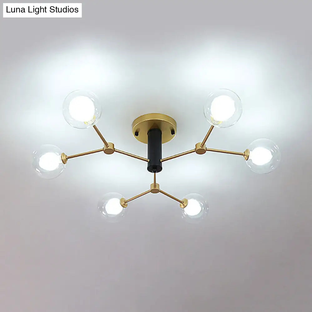 Postmodern Molecule Ceiling Light - Clear & White Glass, 6-Head Semi Flush Mount in Gold for Bedroom Lighting