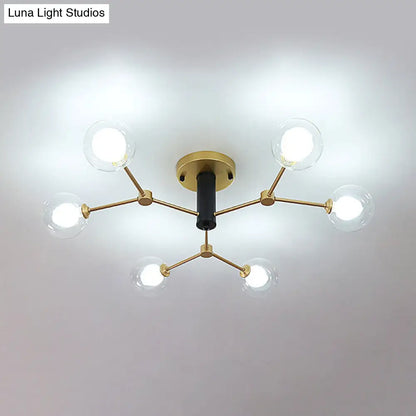 Postmodern Molecule Ceiling Light - Clear & White Glass, 6-Head Semi Flush Mount in Gold for Bedroom Lighting