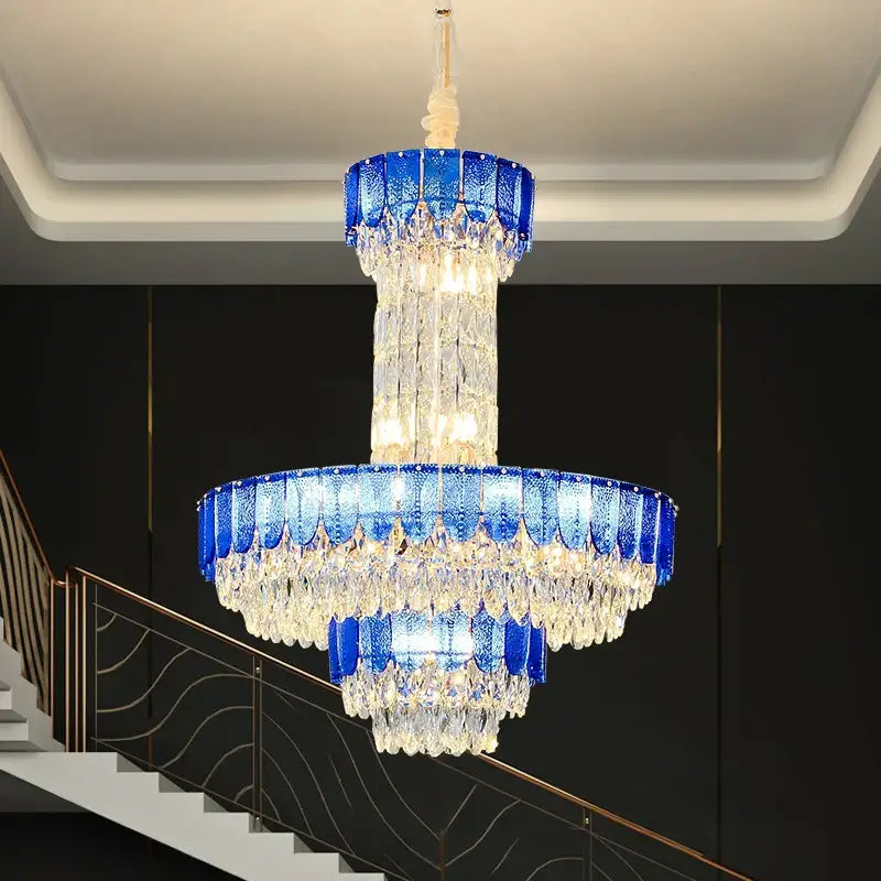 Postmodern multi-layer black crystal chandelier with vibrant blue glass tiers and clear crystal droplets for living room decorbites crystal chandelier