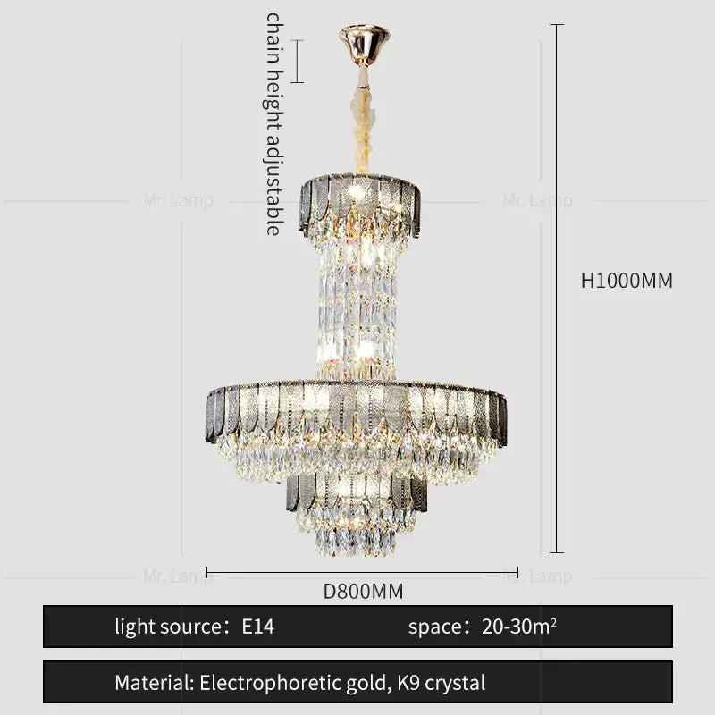 Postmodern multi-layer black crystal chandelier with cascading clear k9 crystals and gold accents for elegant decorbites crystal chandelier lighting
