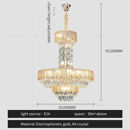 Postmodern gold electrophoretic multi-tier crystal chandelier with k9 crystals on adjustable chain decorbites crystal chandelier